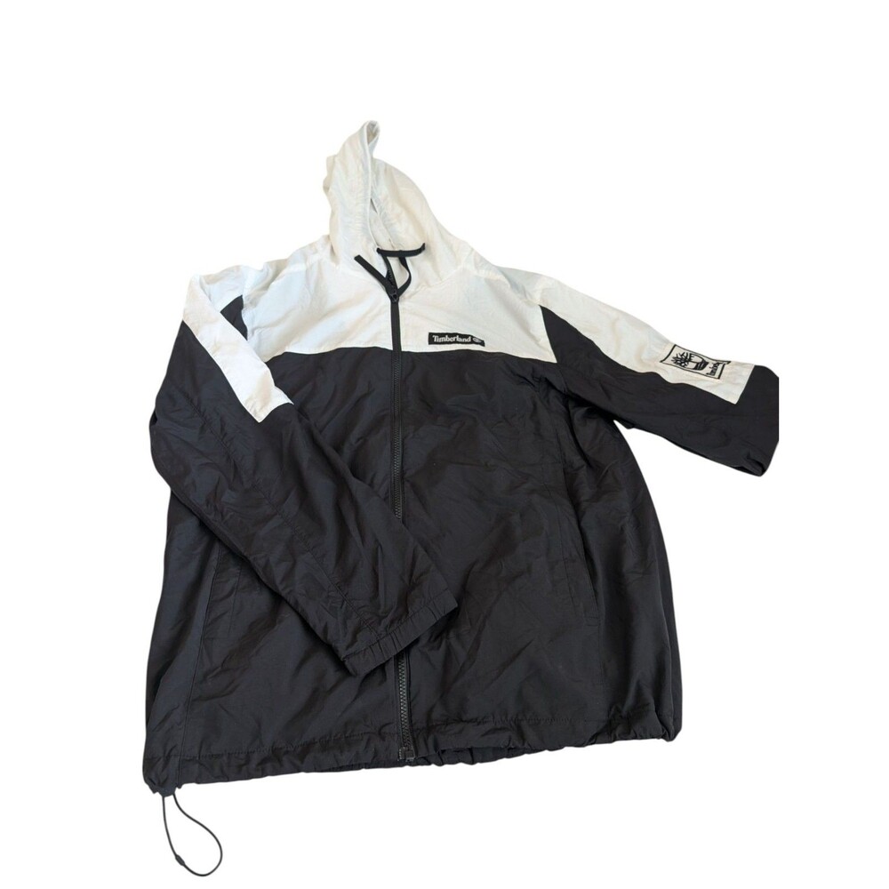 Timberland Mens M Black White Nylon Hooded Windbreaker Jacket Streetwear